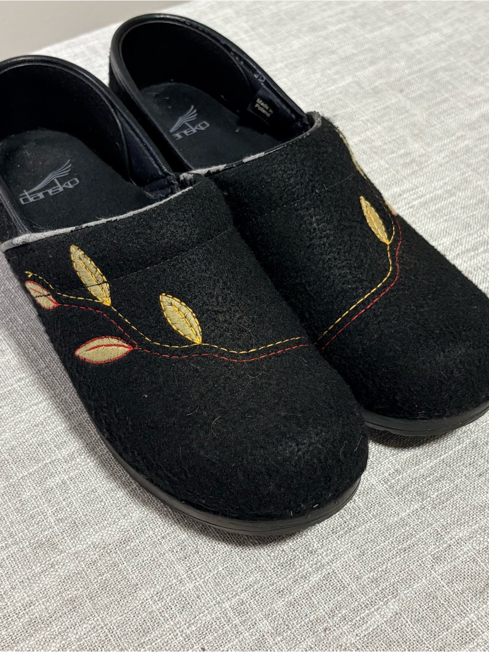 Dansko Black Wool Felt Clogs with Yellow and Red Leaf Embroidery
